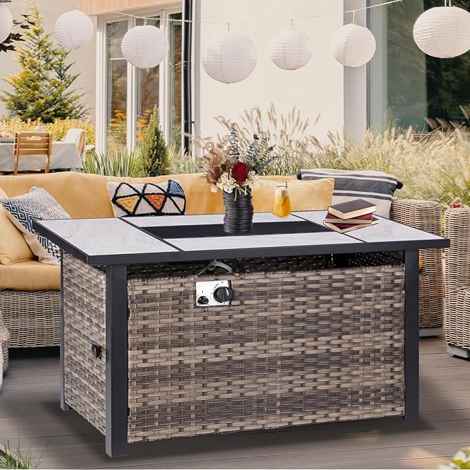 47" Propane Fire Pit Table with Real Ceramic Tabletop & Ratten Side Panel, 50000 BTU Gas Firepit Table with Lid & Lava Stones, Outdoor Fire Pit for Dining or Party, Firepit for Outside, Patio