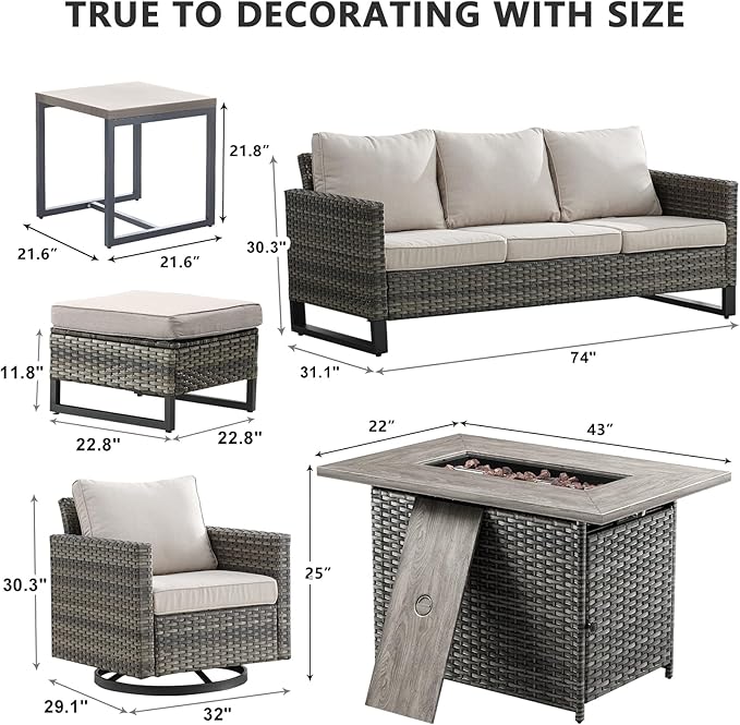 HUMMUH 7 Piece Patio Furniture Set with Fire Pit 41in 55,000 BTU,Wicker Outdoor Conversation Sets - Patio Swivel Chairs Sofa Ottomans,Side Table for Porch,Garden,Backyard