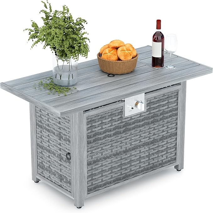 30" Round Propane Fire Pit Table - 50K BTU with Lid, Rocks Tank Storage and Cover - Round Gas Fire Pits for Outside Patio - Outdoor Table with Firepit (Grey, 43" Rectangular)