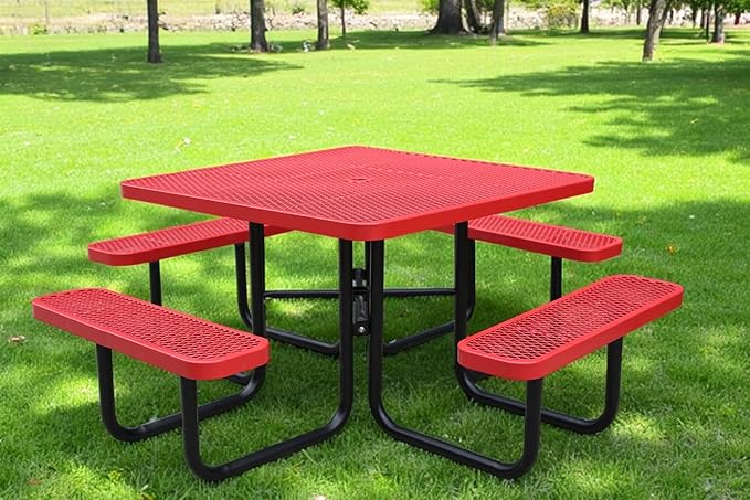 HIMcup 46" Square Picnic Table for Outside,Heavy Duty Metal Picnic Table Bench Set with 2in Umbrella Hole, 1600 lb Capacity,Commercial Dining Table Furniture for Garden Yard Patio Party Coffee Shop