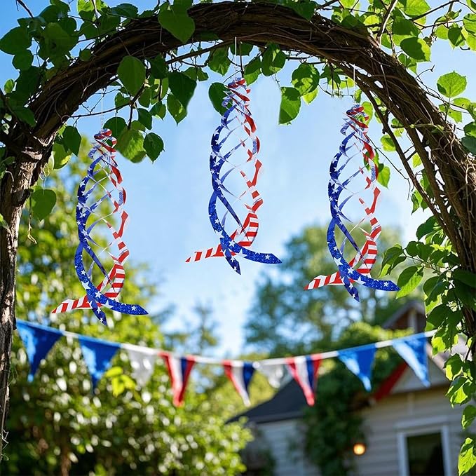 Hausse Patriotic Bird Repellent Spiral Reflectors Mylar Spinner, Hanging American Flags Reflective Bird Deterrent Device for 4th of July Independence Day, Scare Birds Animal Away, 3 Pack