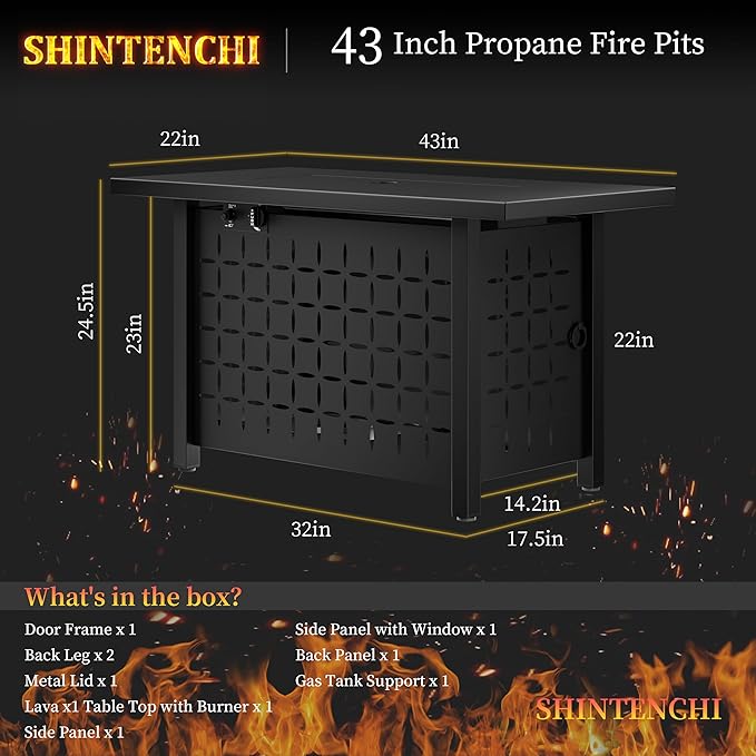 Shintenchi 43 Inch Fire Pit Table, 50,000 BTU Outdoor Propane Fire Table, Outdoor Steel Propane Fire Pit with Lid and Lava Rock for Garden, Yard, Camping, Pool Use, Charcoal Black