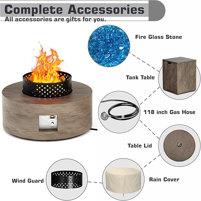 Wood Grain 30'' Patio Fire Pit Table Round, Propane Gas Fire Table 50,000 BTU, Outdoor Firepit & Fireplace for Patio, Brown