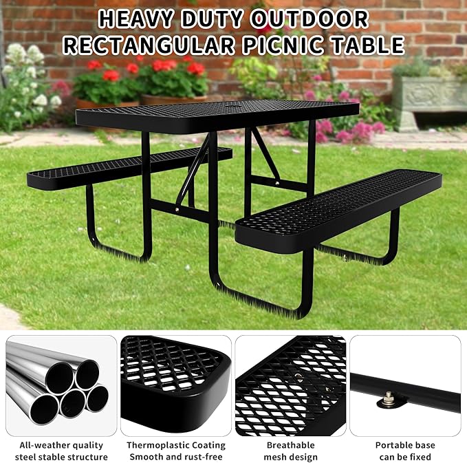 HIMcup 4FT Rectangular Steel Outdoor Picnic Table,Commercial Black Picnic Table Bench Set with Umbrella Hole, Weather-Resistant Heavy Duty School Dining Table for Patio, Garden, Backyard