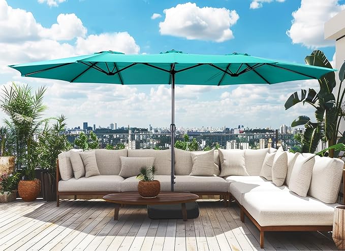 Bigroof 15ft x 9ft Patio Double-Sided Umbrella with Base & Crank, Extra Large Rectangular Outdoor Umbrella for Patio, Lawn & Garden, Beige