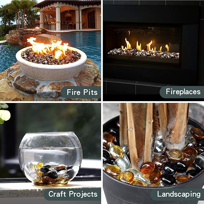 Mr. Fireglass 10 Pound Blended Fire Glass Beads, 1/2" High Luster Mixed Colored Fire Glass Drops for Fireplace Fire Pit & Lanscaping, Onyx Black, Crystal Ice, Caramel
