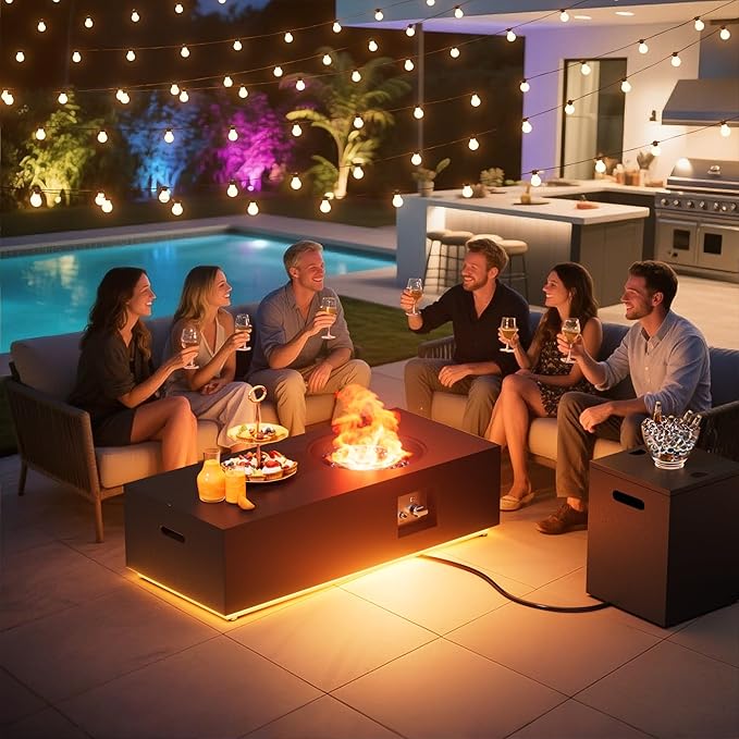 Dineli 2-Piece Outdoor Propane Fire Pit Table Set w Tank Table 48'' Rectangular Firepit Gas Fire Pits for Outside Patio Tabletop Fire Pits w LED, 50,000 BTU (Black with Warmlight)