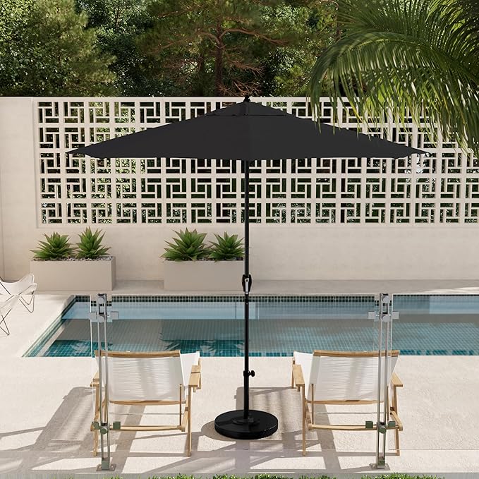 California Umbrella 9' Rd Aluminum Patio Umbrella, Crank Lift, Auto Tilt, Black Finish, Sunbrella Black