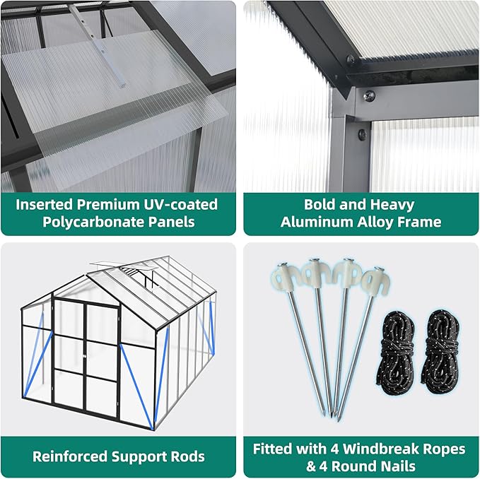 KEIKI 8x14 FT Polycarbonate Greenhouse for Outdoors, Heavy-Duty Walk-in Aluminum Greenhouse with Anchor Base, Light-Transmitting Panels & Drainage System, Black