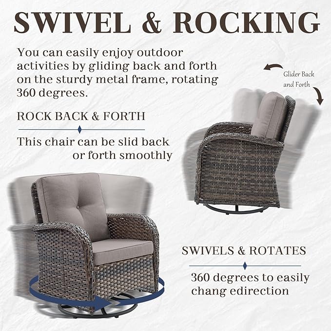 HUMMUH 9 Piece Patio Furniture Set with Fire Pit Table,Wicker Patio Swivel Rocker Outdoor Chairs 3-Seat Sofa with Ottomans for Backyard,Poolside,Deck