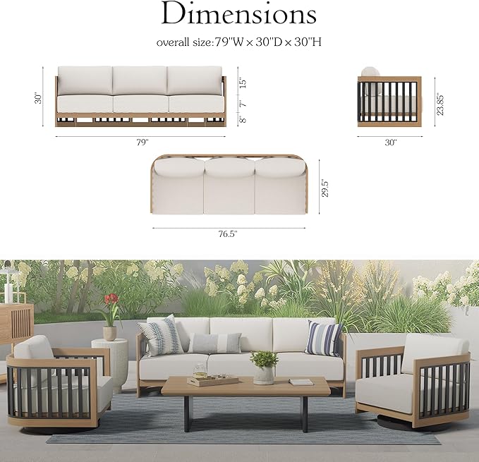 Ulax furniture Patio Aluminum 3-Seater Sofa with Cushions