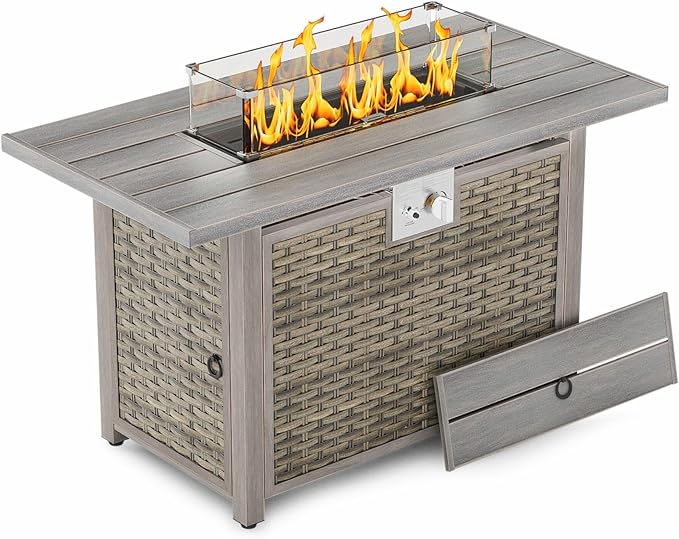 30" Round Propane Fire Pit Table - 50K BTU with Lid, Rocks Tank Storage and Cover - Round Gas Fire Pits for Outside Patio - Outdoor Table with Firepit (Brown, 43" Rectangular)