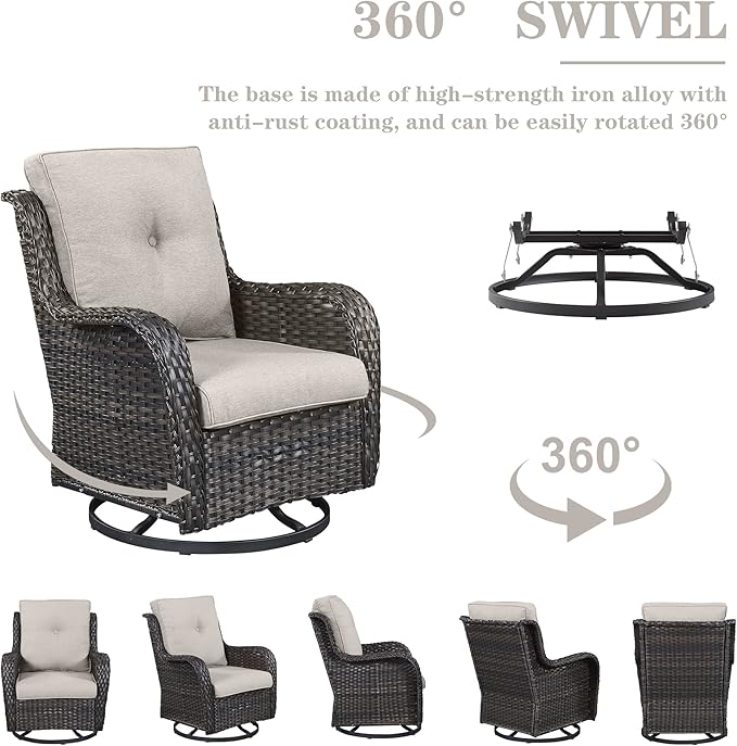 Belord 5 Pieces Patio Wicker Furniture Set - 4 Outdoor Swivel Rocker Glider Chairs with Propane Fire Pit Table, Warm Patio Conversation Set Beige Cushion Perfect for Casual Gathering