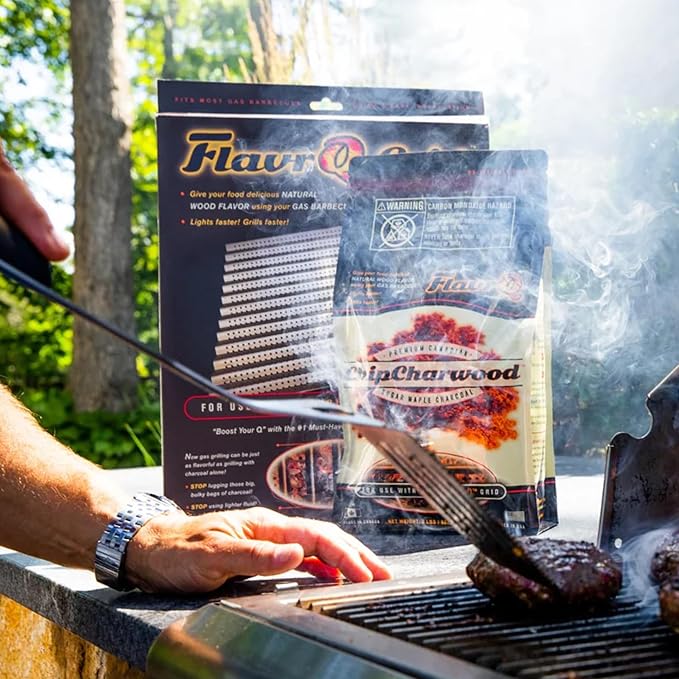 FlavrQ Starter Kit (Charcoal Grid and Charcoal Chips 2lbs) Convert Gas Grill to Charcoal in Minutes - All-Natural Hardwood Charcoal - Save time Compared to Cooking on Conventional Charcoal Grill.