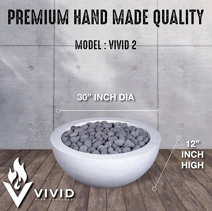 29" Premium Vivid 2" Concrete Fire Bowl - (Ivory-White) Cement Round Natural Gas Fire Pit - Outdoor Fire Table with Key Valve GFRC (29" Diameter x 13" High) - E-VIVID2-I-NG