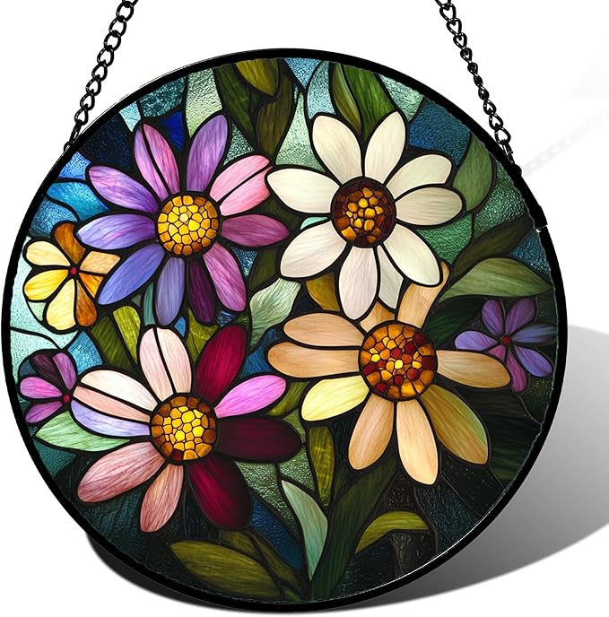 CRISGIF Stained Glass Window Hanging - Colorful Daisies Suncatcher for Door Garden Patio Retro Flower Sun Catchers Decor Christmas Mother's Day Birthday Gifts for Women Mom Nana Aunt Friend 15 in