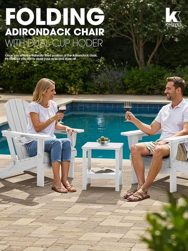 KINGYES Folding Adirondack Chair Set of 8, Dual Cup Holders & All-Weather HDPE, Wood-Like Patio Chair for Backyard, Camping, Pool & Fire Pit, White
