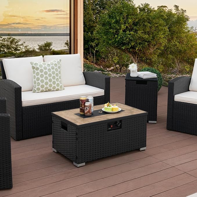 Tangkula 2 Piece Outdoor Propane Fire Pit Table Set with Hideaway Propane Tank Holder, 40,000 BTU Rattan Wicker Fire Pit Table with Lava Rocks, Waterproof Cover, Ideal for Backyard, Patio (Black)