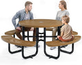 Metal Picnic Tables for Outdoors with Umbrella Hole - Coated Steel Heavy Duty Commercial Grade Furniture Set with Adjustable Seats (Brown, 46 in, Round, Punched Steel)