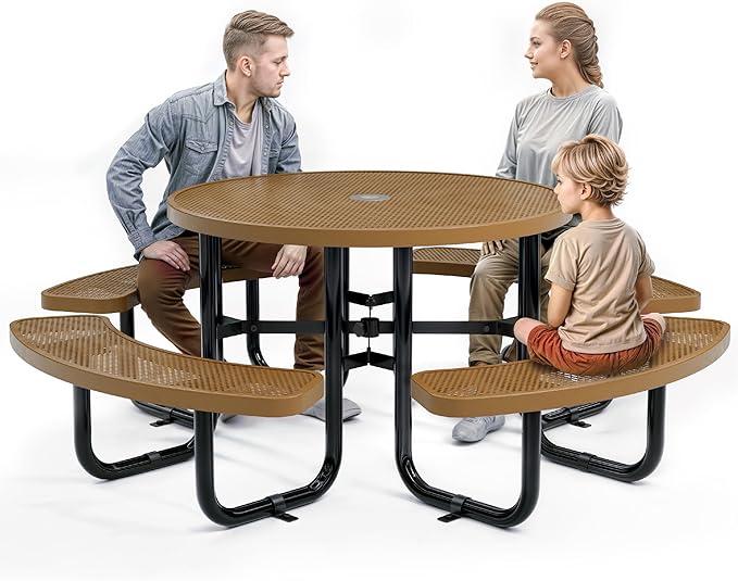 Metal Picnic Tables for Outdoors with Umbrella Hole - Coated Steel Heavy Duty Commercial Grade Furniture Set with Adjustable Seats (Brown, 46 in, Round, Punched Steel)