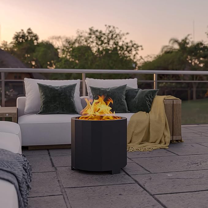 Flash Furniture Titus Commercial Grade Wood Burning Smokeless Outdoor Firepit - Black Finish - 19.5 inches - Portable - Waterproof Cover