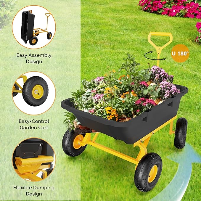 VINGLI Heavy Duty Dump Cart Wagon, 770LBS Quick-Release Dump Poly Wheelbarrow, 10in All-Terrain Pneumatic Tires Garden Wagon for Garden, Yard, Beach