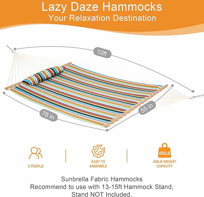 Lazy Daze Hammocks 12 FT Sunbrella Fabric Hammock with Spreader Bars and Free Pillow Fits for 2 Persons, All Weather and Fade Resistant for Patio Yard, 450 lbs Capacity, Carousel Confetti