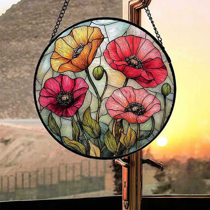 AMDERVEN Stained Glass Suncatcher, Red Orange Poppy Flowers Sun Catcher Silver Background Wildflowers Window Hanging Decor Christmas Mother Birthday Gifts for Women Men Mom Nana 9.8 in