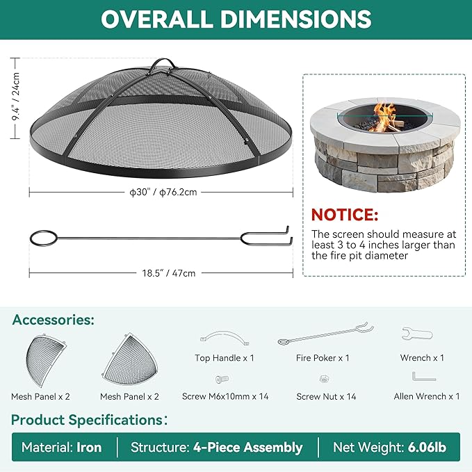 YITAHOME 30" Fire Pit Screen with Top Ring & Poker, Iron Mesh Spark Guard with High-Temperature Coating, Portable & Modular for Backyard Fire Pits, Camping, Beach Parties, and Barbecues