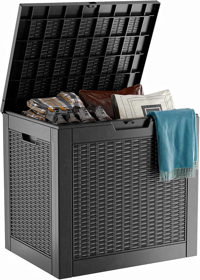Vixzen 31 Gallon Resin Deck Box, Lockable Outdoor Storage Box for Patio Cushions Storage Furniture,Garden Tools, Pool Supplies, Weatherproof and UV Resistant- Black