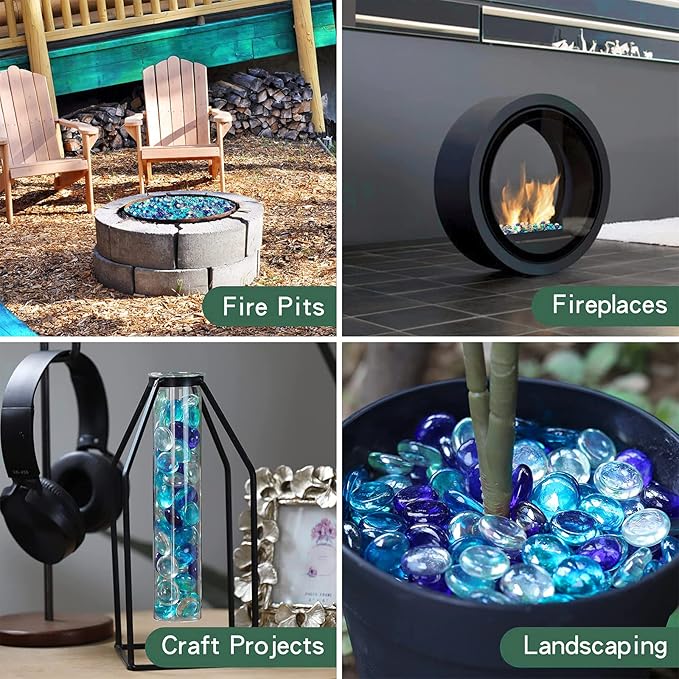 onlyfire 10 Pounds Fire Glass Beads for Propane Fire Pit and Gas Fireplace, 1/2 Inch Round Blended Firepit Glass Rocks Flat Marbles for Fire Pit Table, Cobalt Blue Crystal Ice and Caribbean Blue