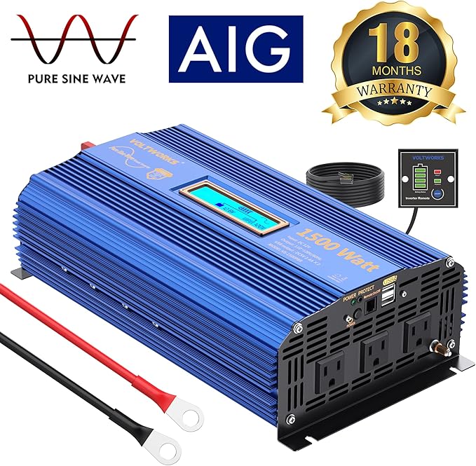 1500Watt Pure Sine Wave Inverter 12V DC to 110V 120V AC Power Inverter with Remote Control LCD Display and 2x2.4A USB Ports 3 AC Outlets Compatible with Lithium Battery for Home RV Truck by VOLTWORKS