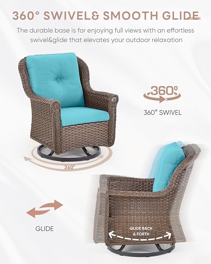 Patio Chairs Outdoor Swivel Glider - Set of 2 High Back Outside Brown Wicker Rattan Rocking Chair with Thick Cushion for Porch Apartment Deck Yard Poolside Garden - Turqoise