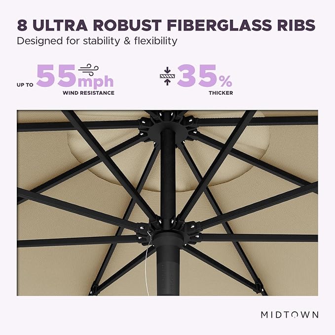 Midtown Umbrellas Push Pop Sunbrella Umbrella 9 Feet Outdoor Umbrella in Heather Tan Fabric - Patio Umbrella, Backyard Umbrella, Garden Umbrella, Picnic Table Umbrella & Pool Umbrella - Black Pole