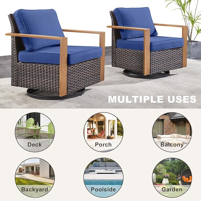 Rilyson Outdoor Patio Swivel Rocker Chairs - Wicker Rattan Patio Swivel Rocking Chairs Set of 2 with Metal Wide Armrest, Thick Cushions and Deep Seating for Deck Porch Sunroom Garden(Brown/Blue)