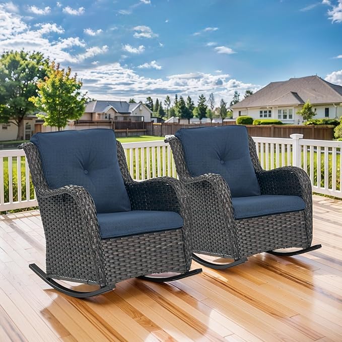 Patio Rocking Chairs Set of 2, Wicker Outdoor Rocking Chairs, Outdoor Gliders Patio Rockers for Porch, Deck, Yard, Garden, Brown Wicker/Blue Cushion