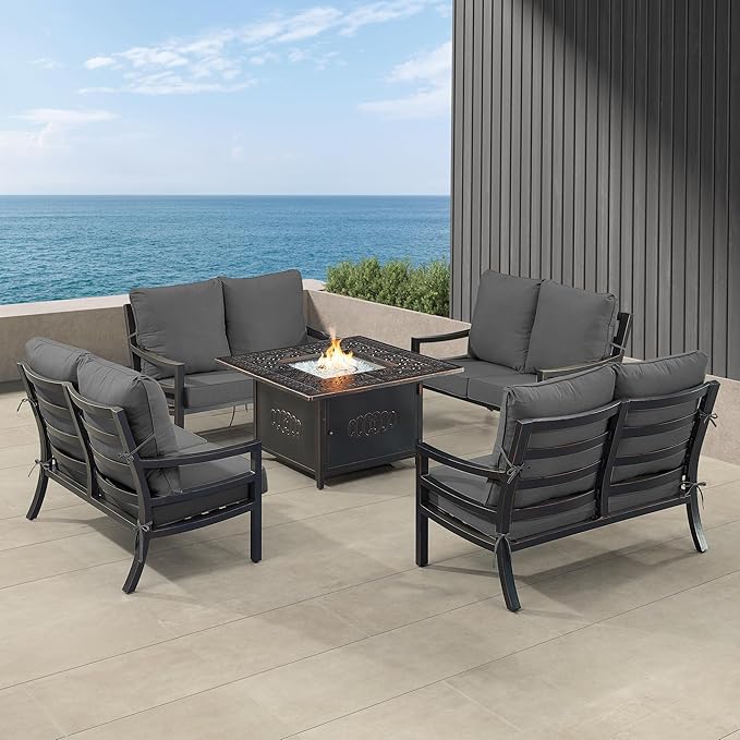 Oakland Living Black Aluminum Patio Fire Table Set with Four Deep Seating Loveseat with Cushions with Black Cushions