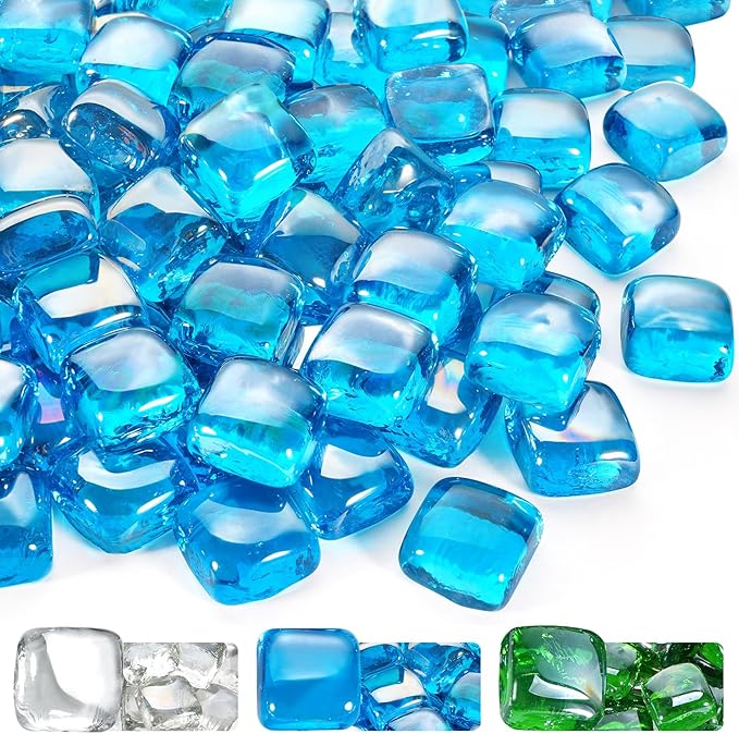 GasSaf Caribbean Blue Fire Glass Cubes for Outdoor Fire Pit, Fireplace, Replaces Existing Gas Logs & Lava Rocks, 1 Inch Glass(20 Pound)(Caribbean Blue Luster)