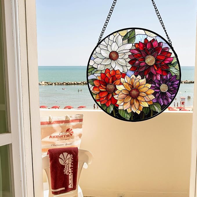 AMDERVEN Stained Glass Window Hanging, Colorful Flowers Sun Catcher for Window Door Home Decor Plant Suncatcher Christmas Mother's Day Birthday Gifts for Women Men Mom and Nana 11.8 in