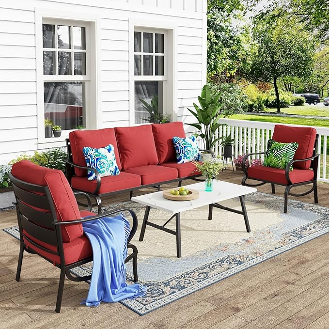MFSTUDIO 4 Pieces Patio Conversation Set, 5 Seats Metal Patio Furniture Sets with 1 x 3-Seat Sofa, 2 Single Chairs,1 Coffee Table, All Weather Steel Patio Sets with 5.75inch Red Cushion for Garden