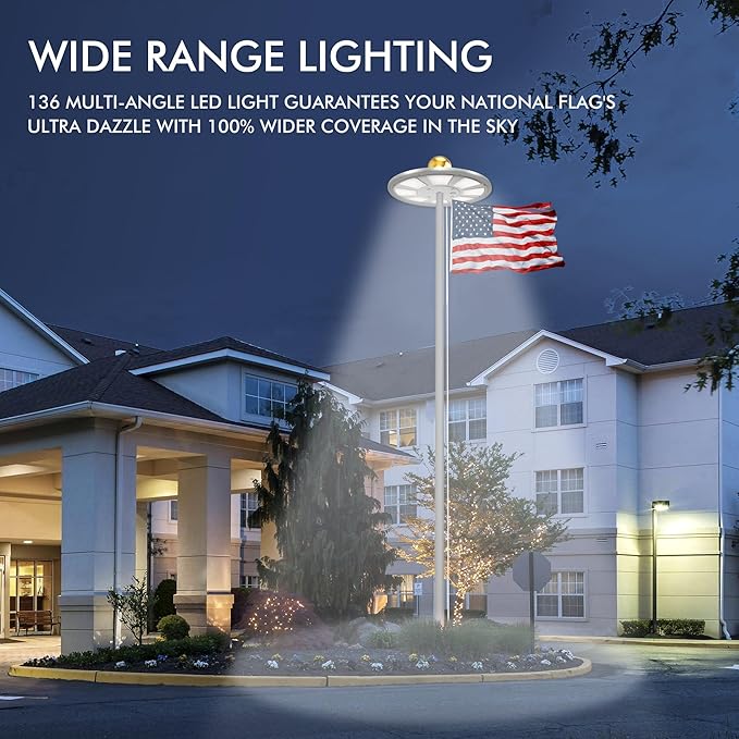 PPQ Premium Ivory Flag Light - Solar Powered, 136 LED, 10000h Lifespan for 15-25 Ft Poles, Waterproof, Auto On/Off Dusk to Dawn