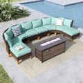MFSTUDIO 9 Pieces Wicker Patio Furniture Set with 56" Fire Pit Table, Rattan Half-Moon Patio Conversation Set Outdoor Sectional Sofa Set, 4 x Curved Sofa, 2 x Armless Couch, 2 x Ottoman(Aqua Blue)