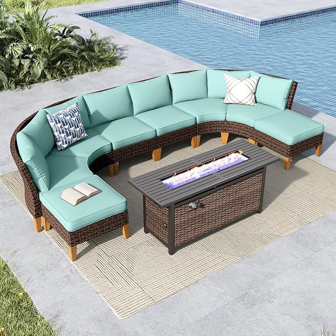 MFSTUDIO 9 Pieces Wicker Patio Furniture Set with 56" Fire Pit Table, Rattan Half-Moon Patio Conversation Set Outdoor Sectional Sofa Set, 4 x Curved Sofa, 2 x Armless Couch, 2 x Ottoman(Aqua Blue)