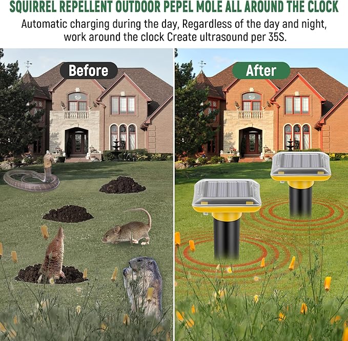 Mole Repellent Solar Powered,2025 Upgraded Gopher Repellent Ultrasonic Solar Powered,Vole Repeller Outdoor for Lawns Garden Yard,Gopher Trap Killer for Mole,Snake (Yellow,2 Pack)