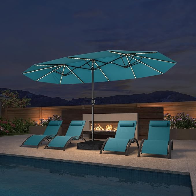 PURPLE LEAF 14ft Patio Market Umbrella with Solar LED and Base Double-Sided Rectangle Outdoor Table Sun Umbrellas with Crank for Pool Beach Deck Backyard Turquoise Blue