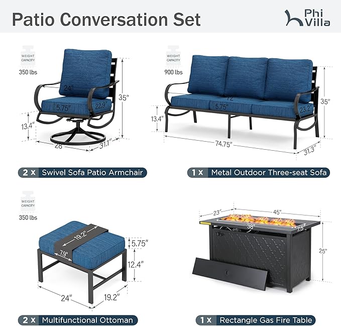 PHI VILLA Patio Furniture with 1 x 45 Metal FirePit Table, 1 x 3-Seat Wide Deep Seating Bench, 2 x Swivel Sofa Chairs & 2 Ottomans, 5.75" Thick Cushioned Outdoor Conversation Set for 5, Peacock Blue