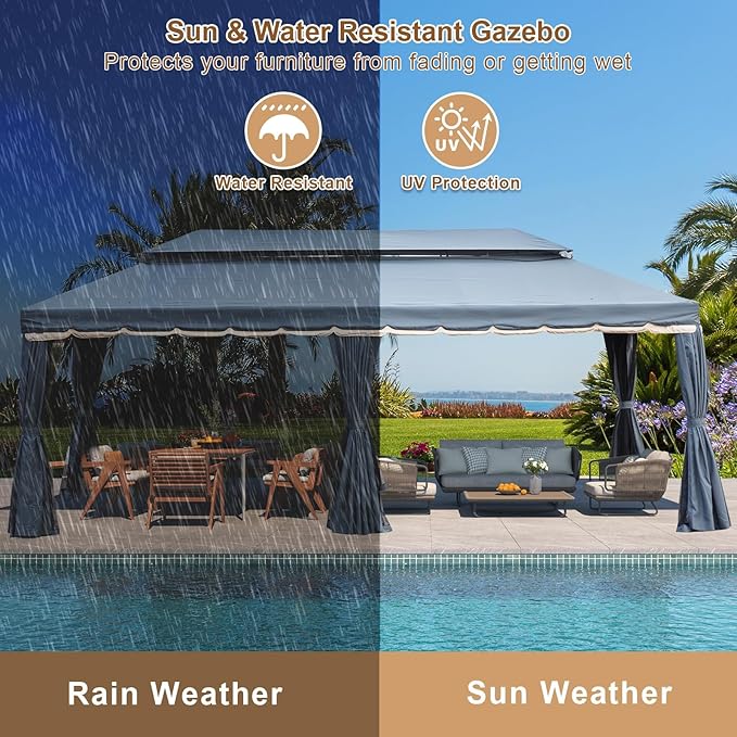 MELLCOM Grey 10x20 Outdoor Patio Canopy Gazebo, Double Roof Patio Pergolas Steel Frame with Netting and Shade Curtains for Garden,Party Canopy