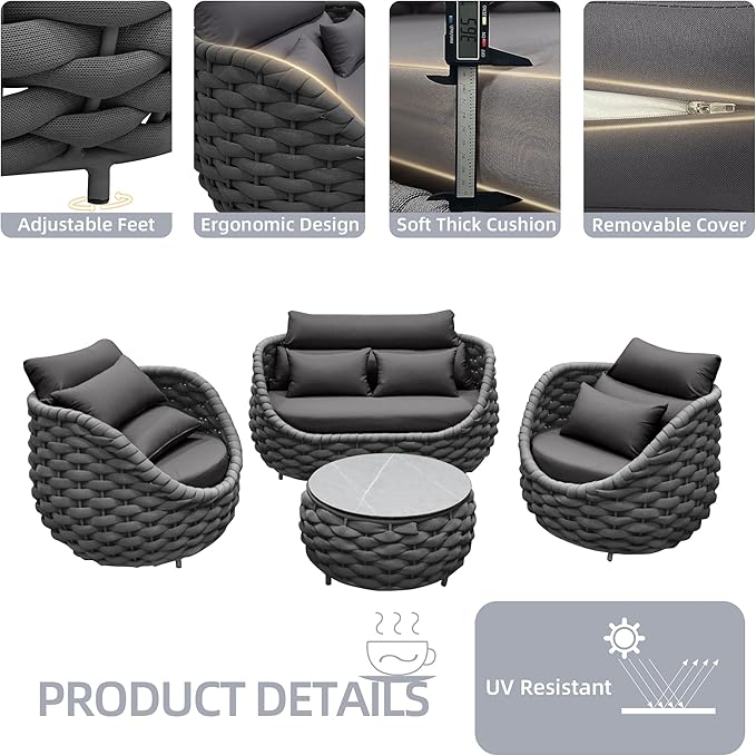 TWT 6 Pieces Patio Furniture Set Outdoor Rope Conversation Sectional Patio Sofa with 6 Seater for Backyard, Porch, Modern Armchairs with Thickness Cushions and Side Table, Dark Grey