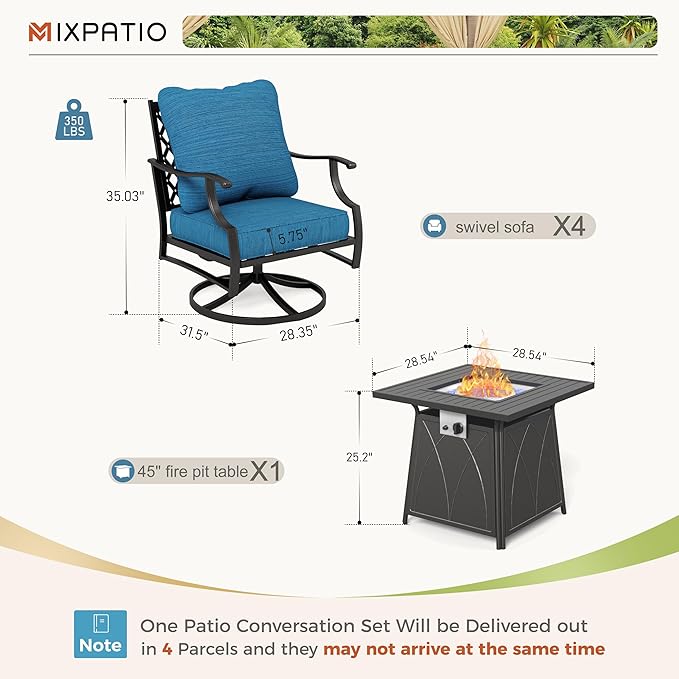 Patio Furniture Set with Fire Pit Table, 5 Pcs Metal Outdoor Conversation Set, 4 Swivel Chairs with 5.75" Extra Thick Cushion and 28" Fire Pit Table for Backyard Deck, Green Blue