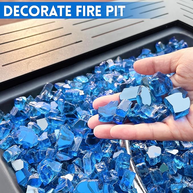 GasSaf 1/2 Inch Fire Glass Reflective Tempered Fireglass Cut Crushed FireGlass for Fire Pit, Fireplace, Replaces Existing Gas Logs & Lava Rocks (20 Pound)(Pacific Blue Reflective)